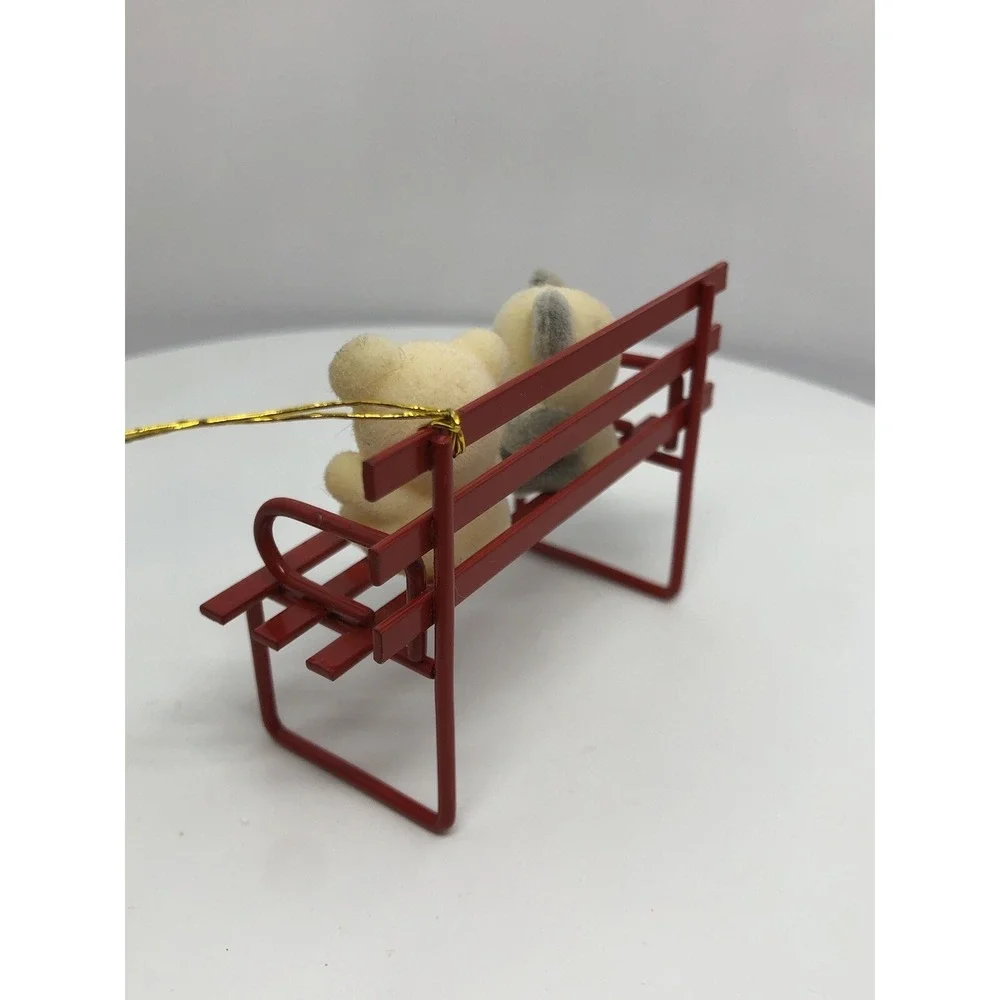Vintage Russ Berrie & Co Red Metal Bench with 2 Bears Christmas‎ Ornament